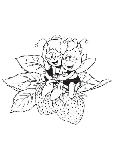 Coloring page Willy and Maja on the strawberries